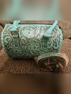 Turquoise Tooled Floral Leather Accent Bag | Small Speedy